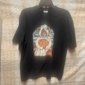 Vtg Halloween Celestial Teddy Bear Pumpkin Shirt Size Large Black Graphic Tee